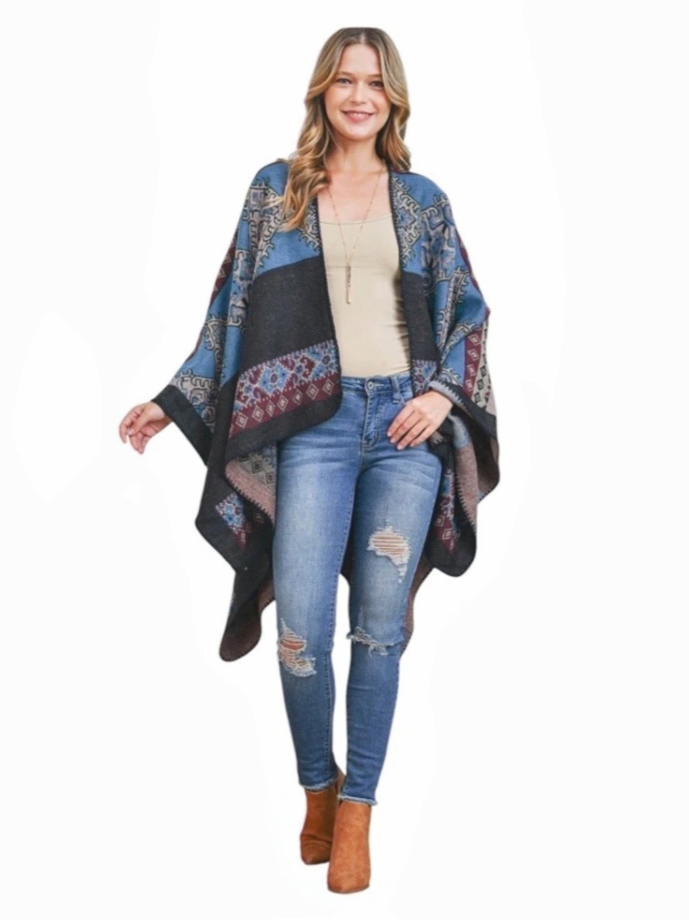Open Front Moroccan Print Ruana/Poncho in Blue & Black Multi NWT